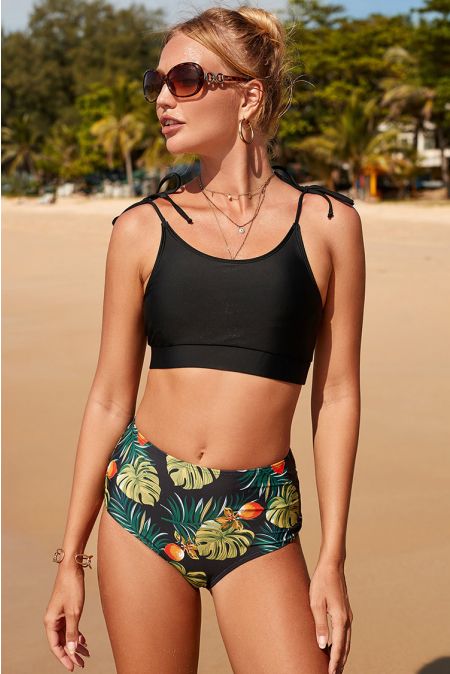 Kamoni Black Tropical Leaves Print Bikini