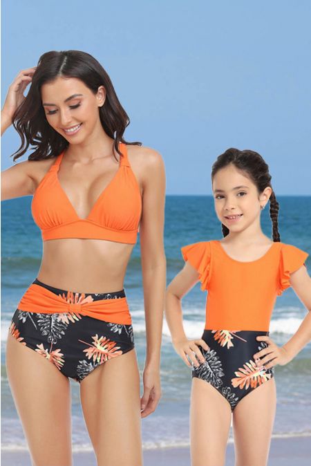 Kamoni Orange Tropical Matching Swimsuits