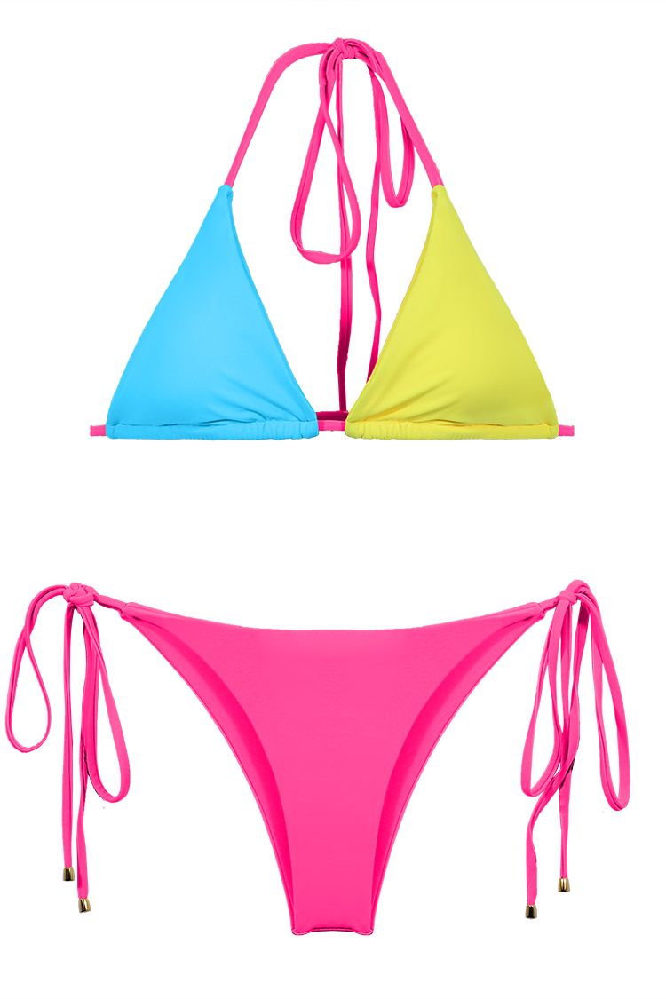 Kamoni Color Block Halter Neck Triangle Back And Side Tie String Low Waist  Micro Bikini
