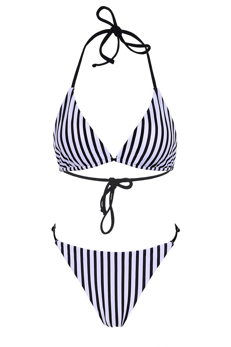 Kamoni Stripe Triangle Halter Neck Tie Back Low Rise Bikini Swimsuit ...